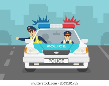 Driving a car. Angry european traffic police officers chasing criminal in a car on the highway. Traffic speed control. Front view. Flat vector illustration template.