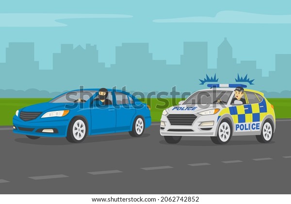 Driving a car. Angry european traffic police\
officer chasing criminal in a car on the highway. Traffic speed\
control. Flat vector illustration\
template.