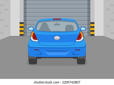 Driving a car. Back view of a blue car leaving the garage. Indoor parking inside view. Flat vector illustration template.