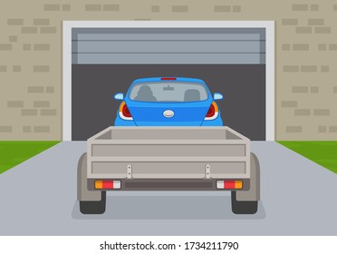 Driving a car. Back view of a car with a trailer entering garage. Flat vector illustration template.