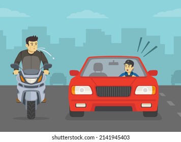 Driving a car. Bad behavior on city roads. Angry male driver is yelling to spitting motorcycle rider. Flat vector illustration template.