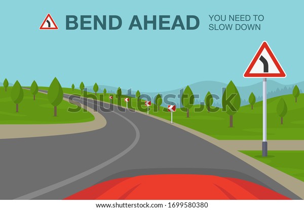 Driving a car. Bend\
ahead warning road sign. Car is turning left on highway. Flat\
vector illustration.