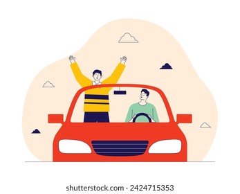 Driving a car with brother around the city, happiness vector illustration.