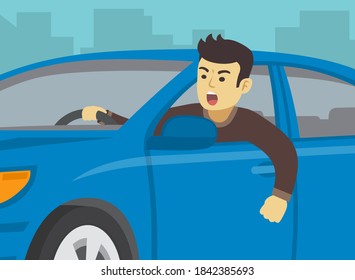 Driving a car. Close-up of a rude and aggressive young driver yelling to other driver. Road rage. Flat vector illustration template.