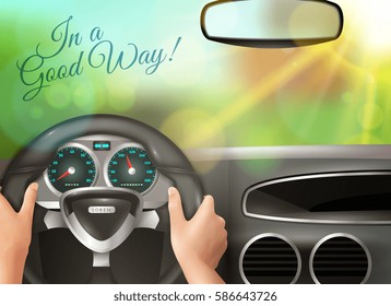 Driving car colored background with human hands steering wheel and sunset outside windscreen realistic vector illustration