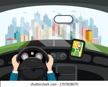 Driving Car Concept. Hands Holding Steering Wheel, Navigation App On Dashboard And Modern City Behind Window. Vehicle Interior Vector Flat Design Illustration.