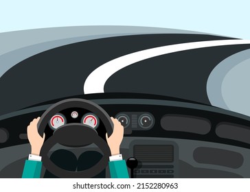 Driving car concept - hands on steering wheel with curved asphalt road on background