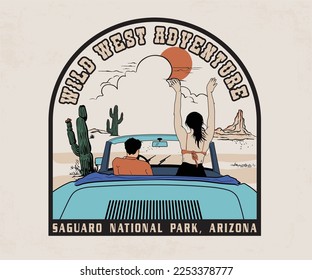 driving car in desert  vector illustration, western desert adventure design, couple driving car illustration, arizona desert print design