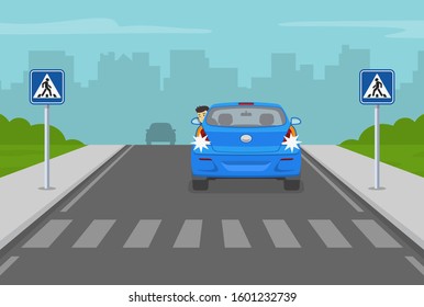 Driving A Car. Do Not Reverse On A Crosswalk. Car Moving Back. Flat Vector Illustration.