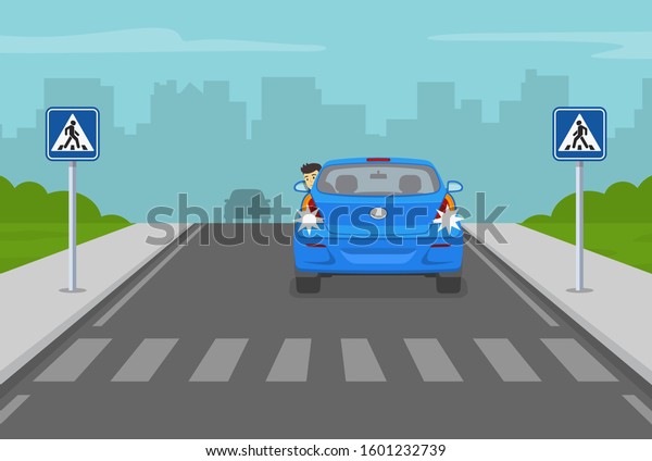 Driving a car. Do not reverse on a\
crosswalk. Car moving back. Flat vector\
illustration.