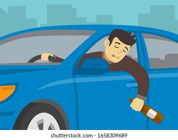 Driving a car. Don't drink and drive. Close-up of drunk driver with bottle of alcohol. Flat vector illustration template.