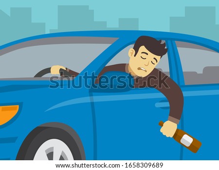 Driving a car. Don't drink and drive. Close-up of drunk driver with bottle of alcohol. Flat vector illustration template.