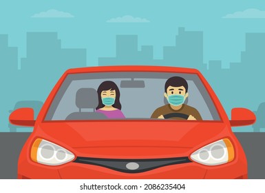 Driving a car. Driver and passenger are wearing a face covering or masks in a vehicle. Close-up view.Flat vector illustration template.