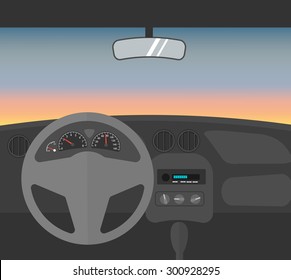 Driving Car At Dusk, Car Interior, Vector Illustration