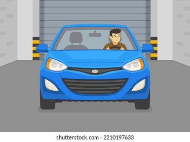 Driving a car. Front view of a blue car entering the garage. Indoor parking inside view. Flat vector illustration template.