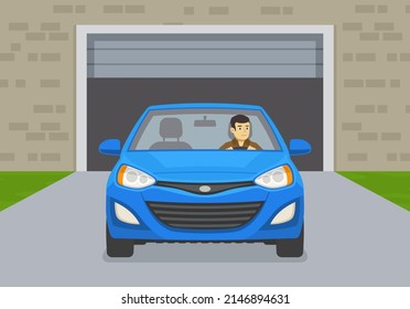 Driving A Car. Front View Of A Car Leaving The Garage. Young Man Driving A Blue Mini Car. Flat Vector Illustration Template.