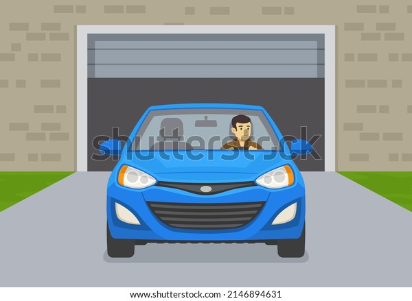 Driving\
a car. Front view of a car leaving the garage. Young man driving a\
blue mini car. Flat vector illustration\
template.