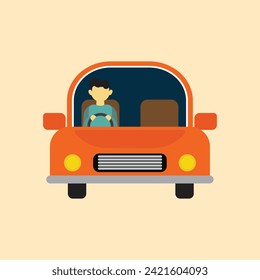 Driving a car. Front view of a car. Young man driving a blue mini car. Flat vector illustration template.