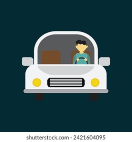 Driving a car. Front view of a car. Young man driving a blue mini car. Flat vector illustration template.