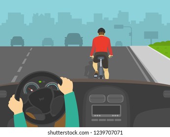 Driving a car. Hands holding a steering wheel. Driver overtaking a cyclist on highway. Back view of cycling bike rider. Flat vector illustration.