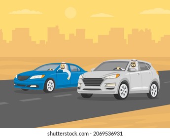 Driving a car. Happy young arab drivers racing on the sandy highway. Blue sedan and white suv car. Characters looking from the open front window. Flat vector illustration template.