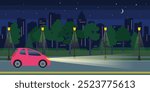 driving car headlights beam night city road vector illustration