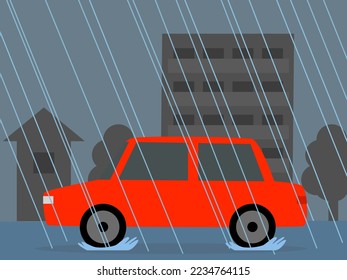 Driving a car in heavy rain (hydroplaning phenomenon)