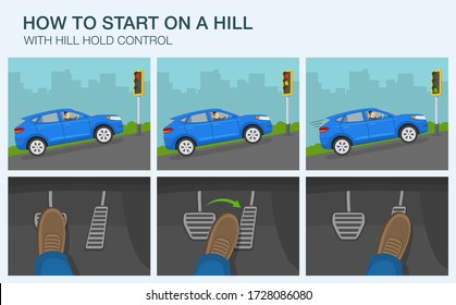 Driving a car. How to start on a hill infographic. Suv car stopped at traffic light on a hill. Flat vector illustration.