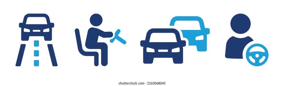 Driving car icon vector set. Drive vehicle on the road, driver holding steering wheel. Transportation concept sign symbol.