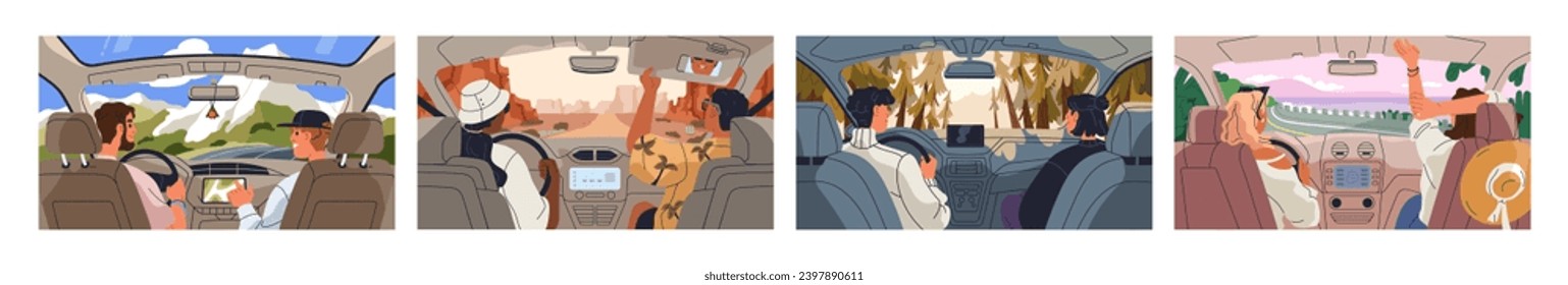 Vehículo de conducción, retrovisor interior del conductor y del pasajero. Interior automático con personas, en el volante de la dirección, en el salpicadero. Amigos, parejas viajan, viajan. Viaje de vacaciones en plena naturaleza. Ilustración vectorial plana