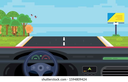 Driving a car, car interior, speed road, city trip, a driver on steering wheel of a car, road safety, nature background, beautiful landscape: flat vector illustration