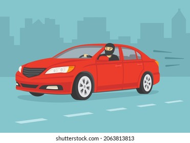 Conduciendo un auto. Un ladrón de coches macho aislado está mirando a través de una ventana abierta. El carácter mira por la ventana delantera. Ladrón huyendo de la policía. Plantilla de ilustración vectorial plana.