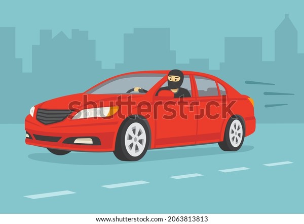 Driving a car.\
Isolated male car thief is looking through an open window.\
Character looks out a front window. Thief running away from police.\
Flat vector illustration\
template.