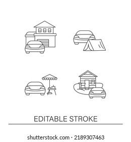  Juego de iconos de la línea de conducción del coche. Zona de aparcamiento, viaje en coche. Pasajeros de transporte. Conceptos de transporte. Ilustraciones vectoriales aisladas. Trazo editable