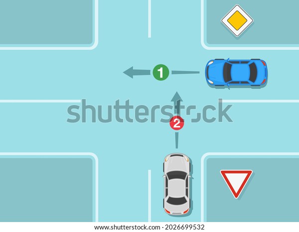 Driving a car. Main or priority\
road and give way sign rule. Cars on cross intersection. Priority\
on crossroad infographic. Flat vector illustration\
template.