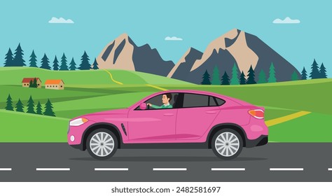 Driving car on beautiful county roads.
Nature landscape background. summer drive vector illustration.