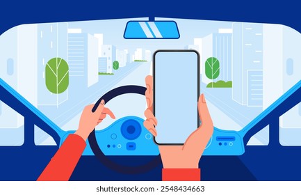 Driving a car on the city road dashboard interior view seen smartphone screen on hand