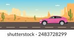 Driving car on desert road. desert landscape with highway. mountain hills in background. summer car drive on desert road vector illustration.