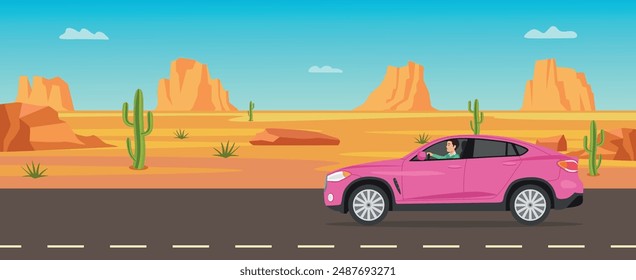 Driving car on desert road. desert landscape with highway. mountain hills in background. summer car drive on desert road vector illustration.