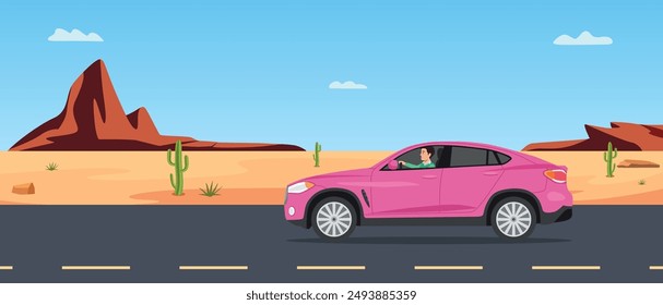 Driving car on desert road. desert landscape with highway. mountain hills in background. summer car drive on desert road vector illustration.