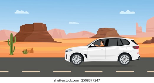 Driving car on desert road. desert landscape with highway. mountain hills in background. summer car drive on desert road vector illustration.