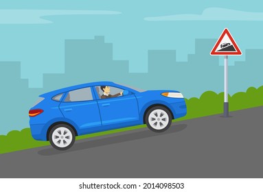 Driving a car on a grades and hills. Blue suv goes up the hill by city  road. Steep ascent road or traffic warning sign. Flat vector illustration template.