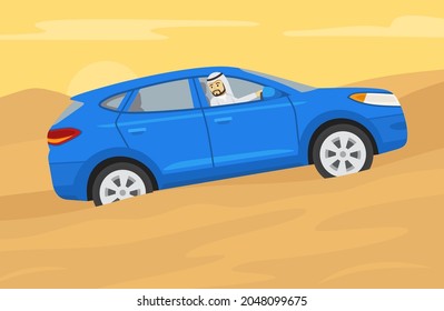 Conduciendo un coche en una grada y colinas. El azul suv sube por la colina del desierto. El joven conductor árabe está mirando hacia atrás desde la ventana abierta. El carácter mira por la ventana delantera. Plantilla de ilustración vectorial plana.