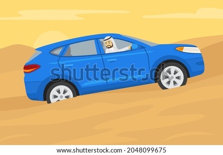 Driving a car on a grades and hills. Blue suv goes up the desert hill. Young arab driver is looking back from the open window. Character looks out the front window. Flat vector illustration template.