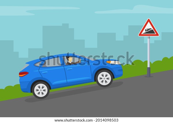 Driving a car on a grades and\
hills. Blue suv goes up the hill by city  road. Steep ascent road\
or traffic warning sign. Flat vector illustration\
template.