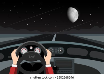 Driving Car on Night with Empty Road, Stars and Moon on Dark Sky
