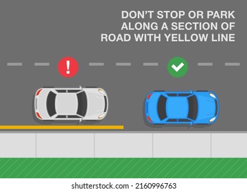 Driving a car. Outdoor parking rules and tips. Do not stop or park along a section of road with yellow line. Top view of correct and incorrect parked cars. Flat vector illustration template.