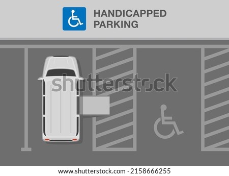 Driving a car. Outdoor parking rules and tips. Disabled parking area. Keep clear wheelchair accessible vehicle space. Flat vector illustration template.
