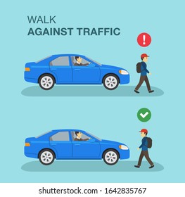 Driving a car. Pedestrian safety rules and tips. Walk or run against traffic. Flat vector illustration template.