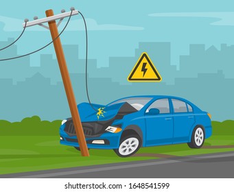 Driving a car. Power line knocked down by vehicle accident. Downed power line safety rule. Flat vector illustration.